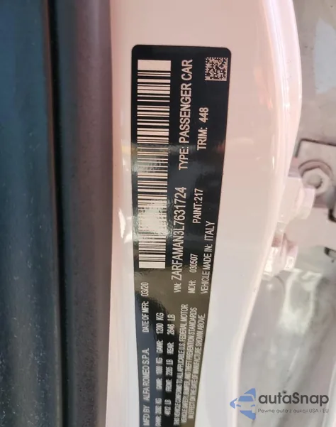 2020 Alfa Romeo Giulia Rwd from USA, damaged, VIN ZARFAMAN3L7631724